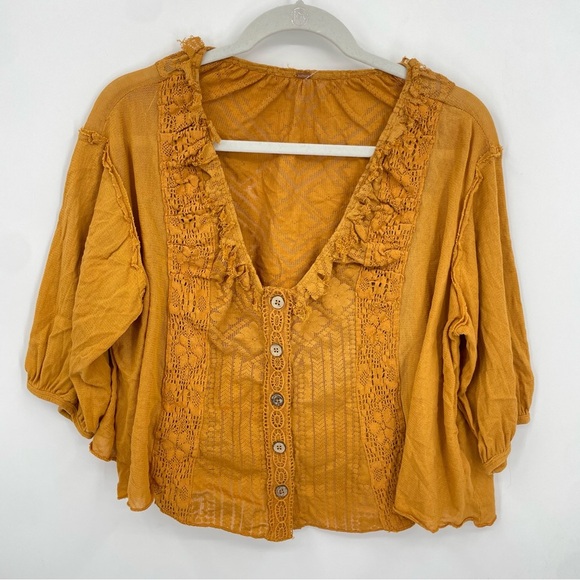 Free People Mae Boho Embroidered lace V-Neck Top, Size XS Orange - Picture 2 of 10